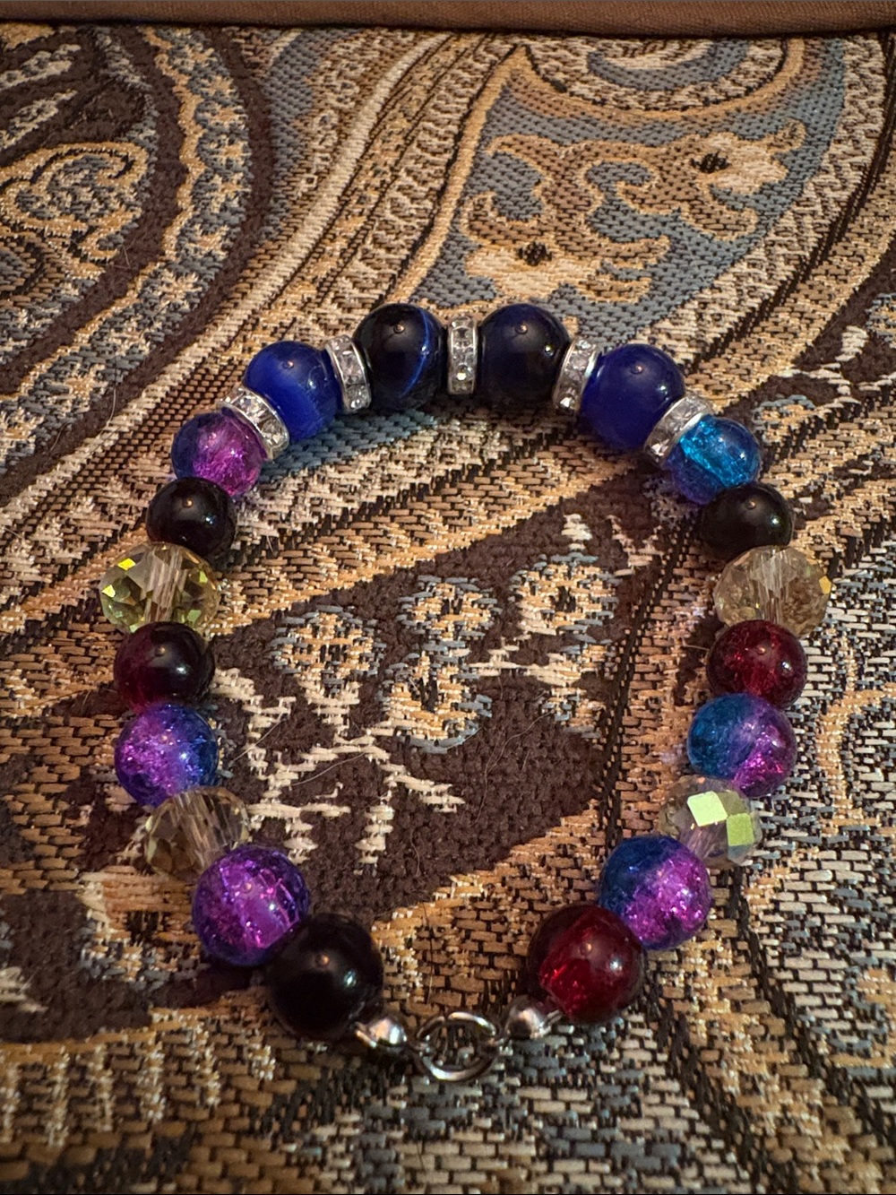 Multicolor Beaded Bracelet - Purple, Blue Cats Eye & Tigers eyes & Red